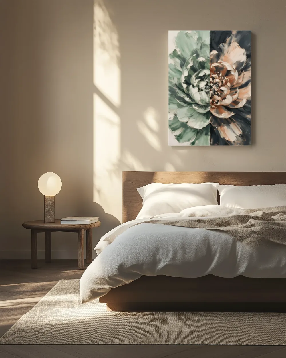 Pioenroos in twee kleurzones, saliegroen, canvas schilderij uit de collectie pioenroos