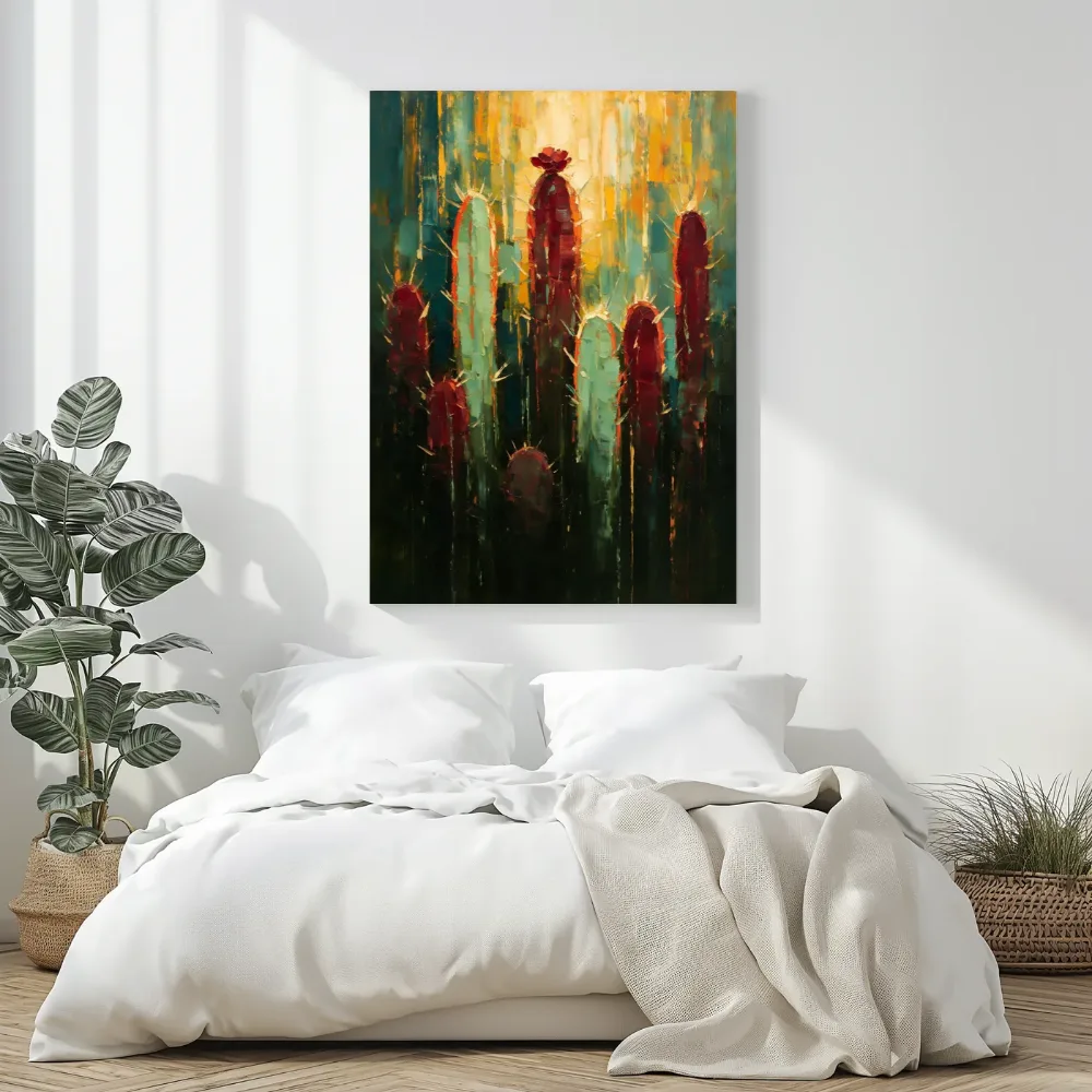 Cactus in groepjes in wijnmint, canvas schilderij uit de collectie planten