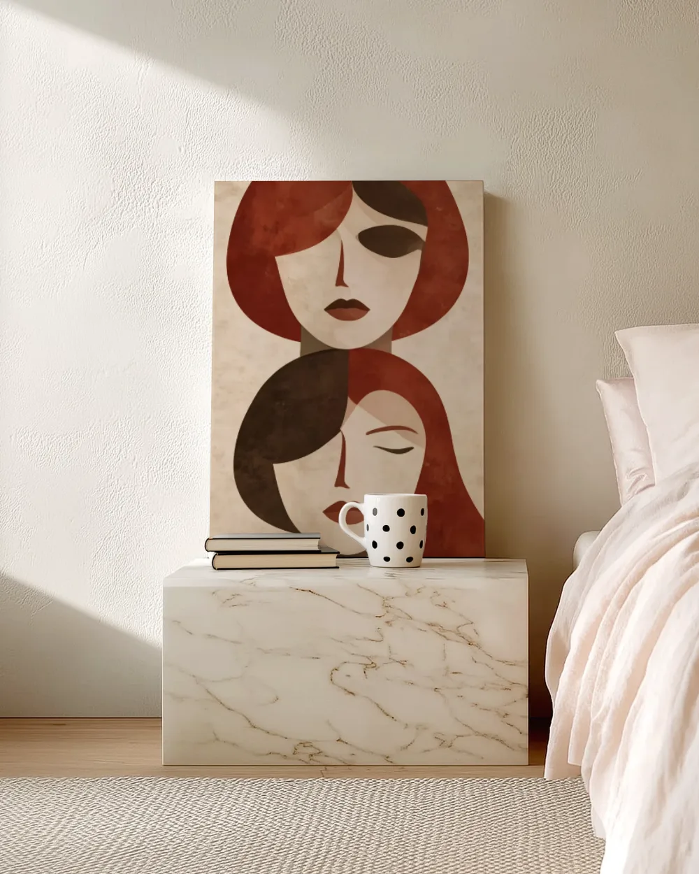 Twee koppen boven elkaar in steenrood, canvas schilderij uit de collectie poederroze