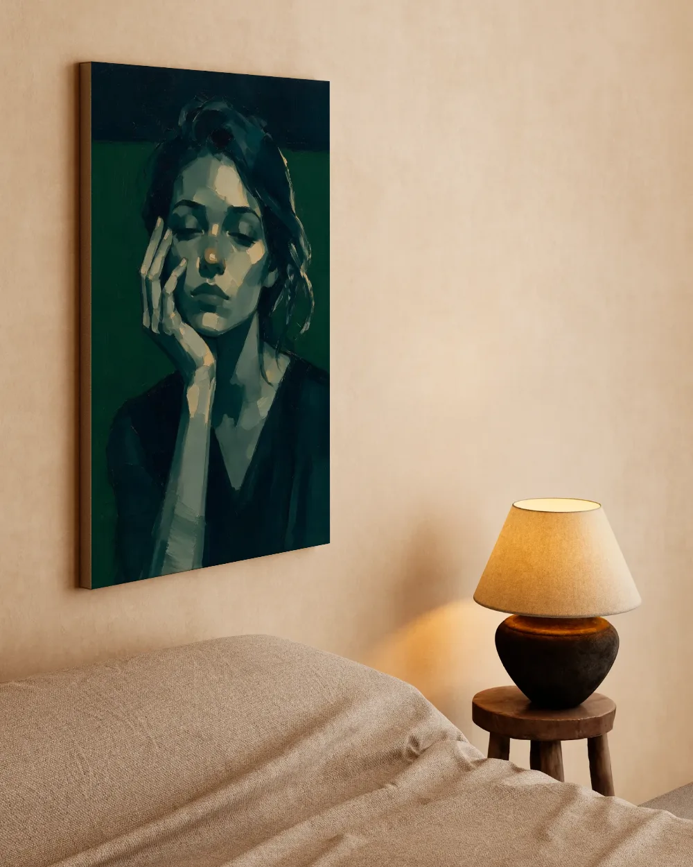 Portret, hand bij het gezicht, olieverf in nacht, canvas schilderij uit de collectie portret