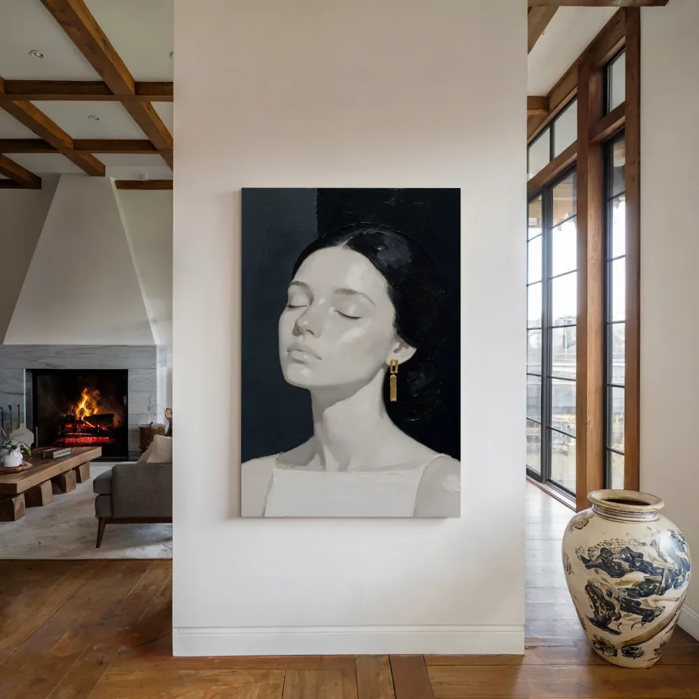 Portret met gesloten ogen, olieverf in ravenzwart en parelmoer, canvas schilderij uit de collectie portret