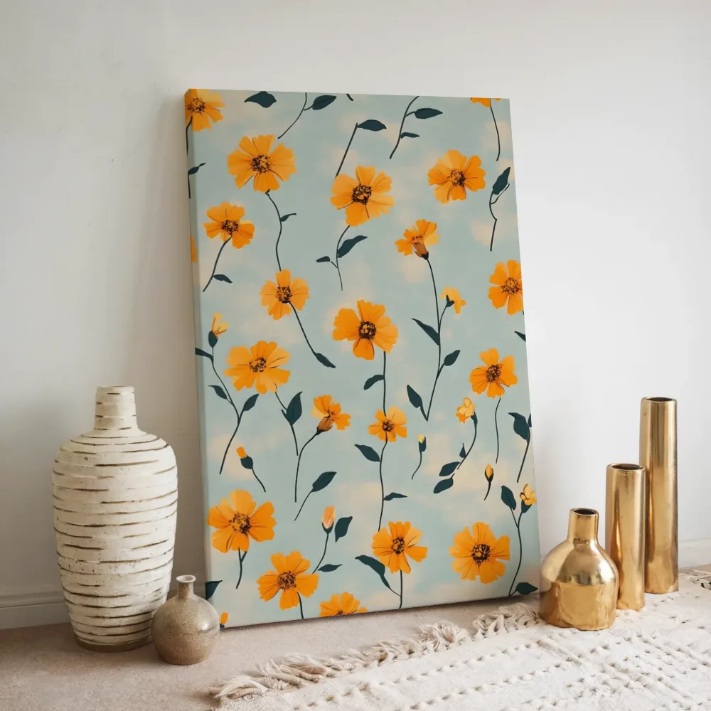 Retro oranje bloemenpatroon, canvas schilderij uit de collectie retro bloemen