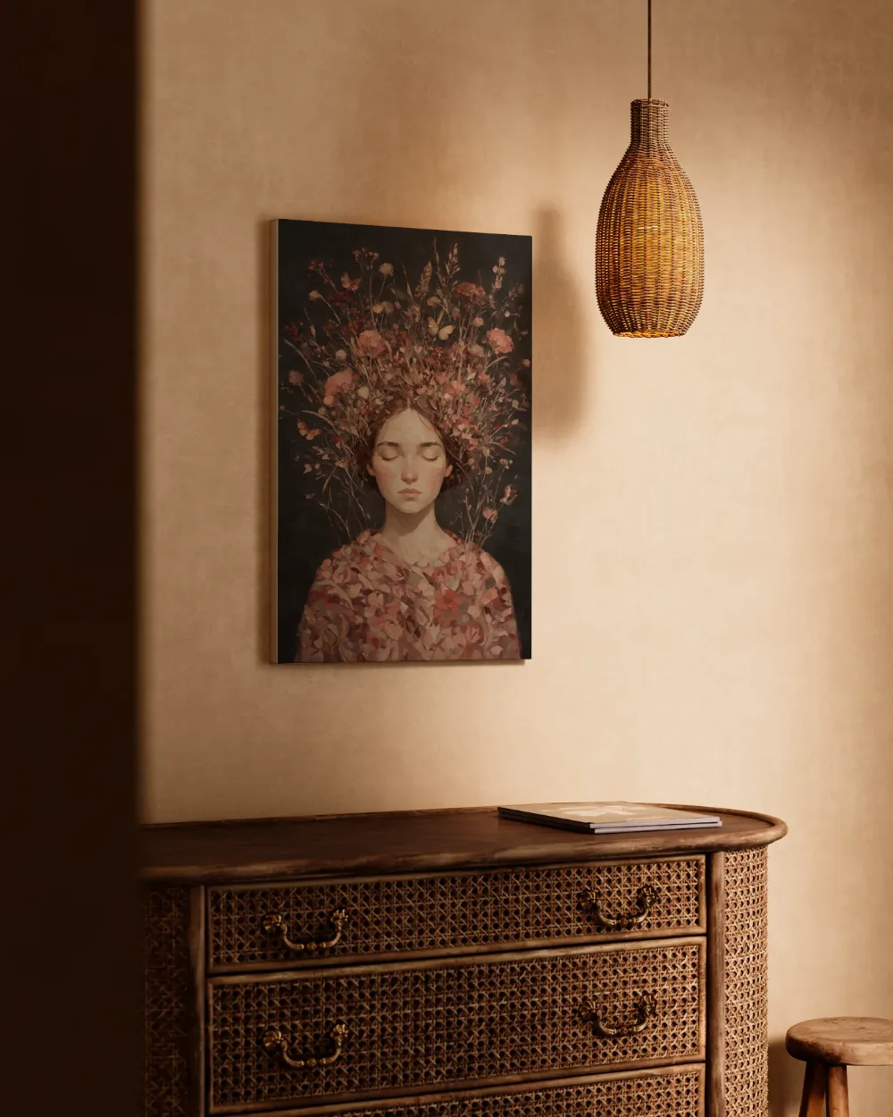 Vrouw met veldbloemen, olieverf in donker oud roze, canvas schilderij uit de collectie romantisch