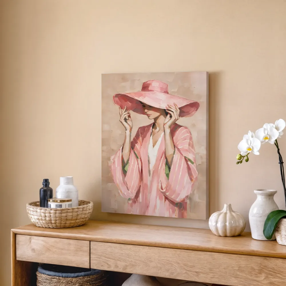 Vrouw met hoed, olieverf in donker kersenbloesem, canvas schilderij uit de collectie romantisch