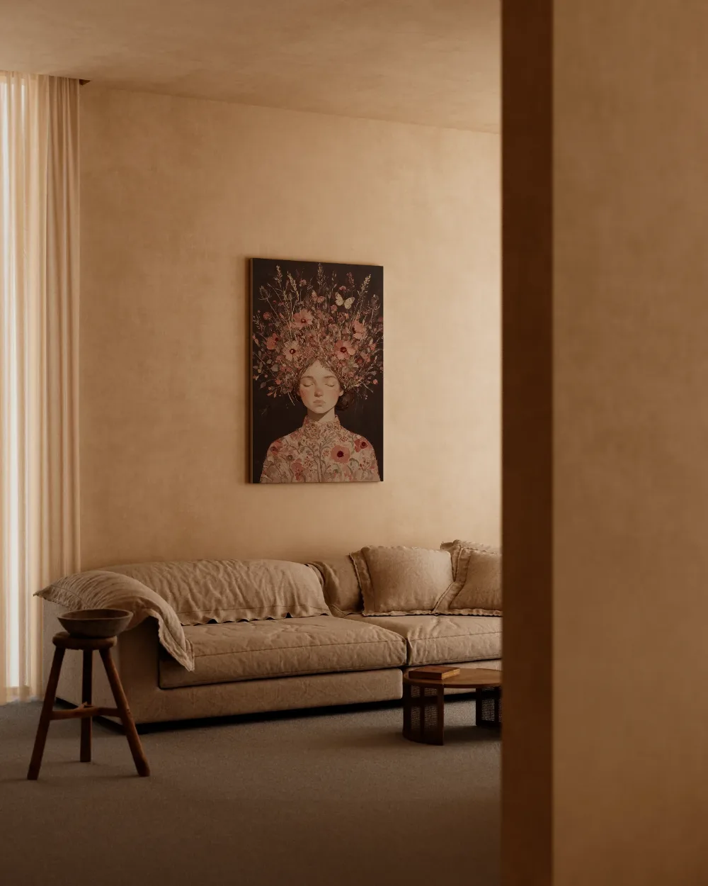 Vrouw met veldbloemen, olieverf in diep oud roze, canvas schilderij uit de collectie romantisch