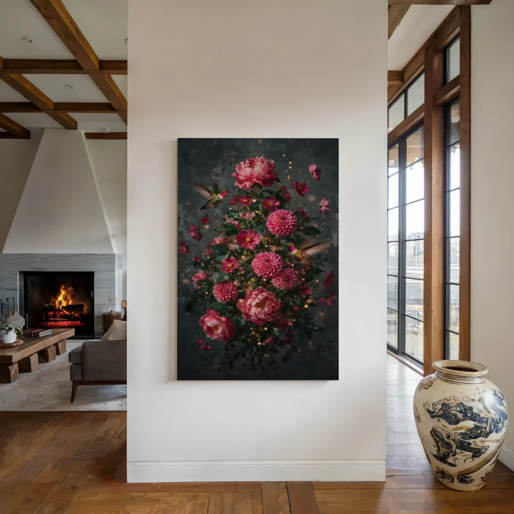 Twee kolibries in framboosroze, canvas schilderij uit de collectie romantisch