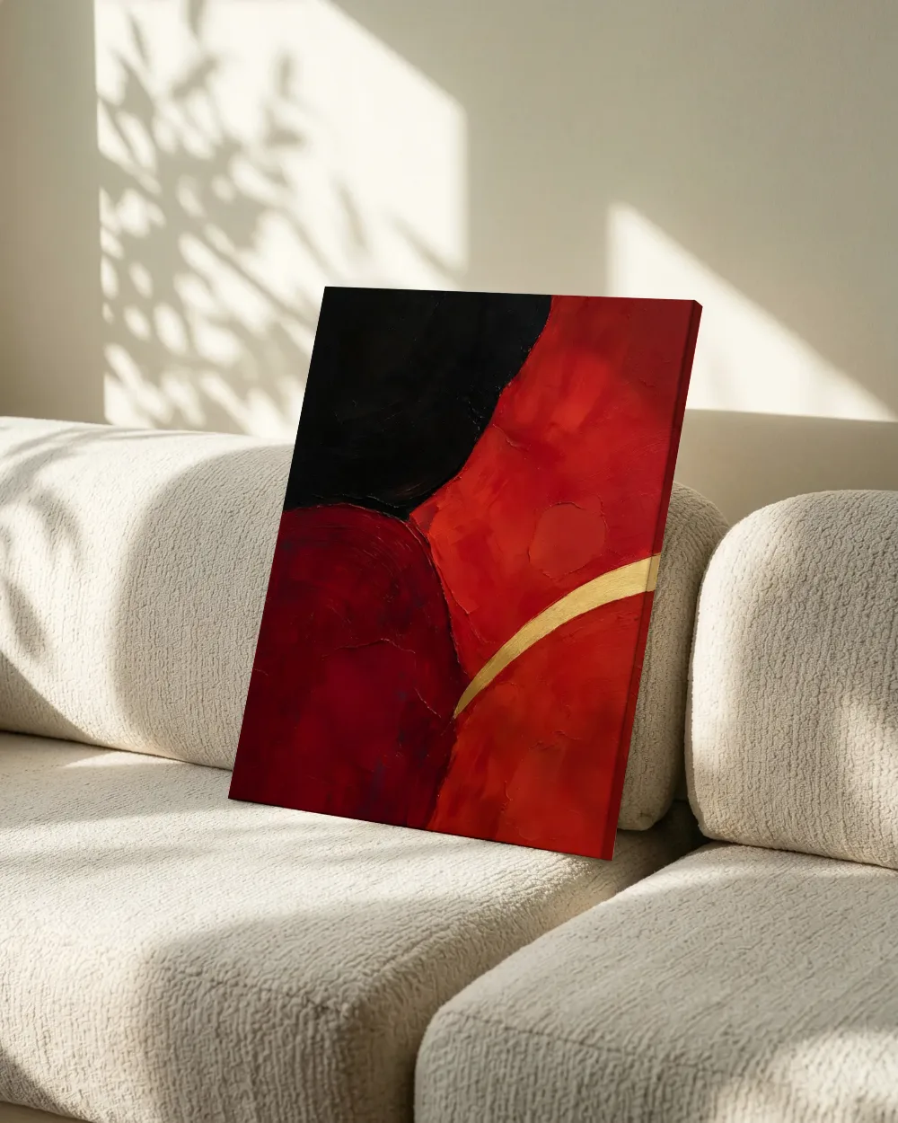Drie vlakken paletmes, vuurrood, canvas schilderij uit de collectie rood