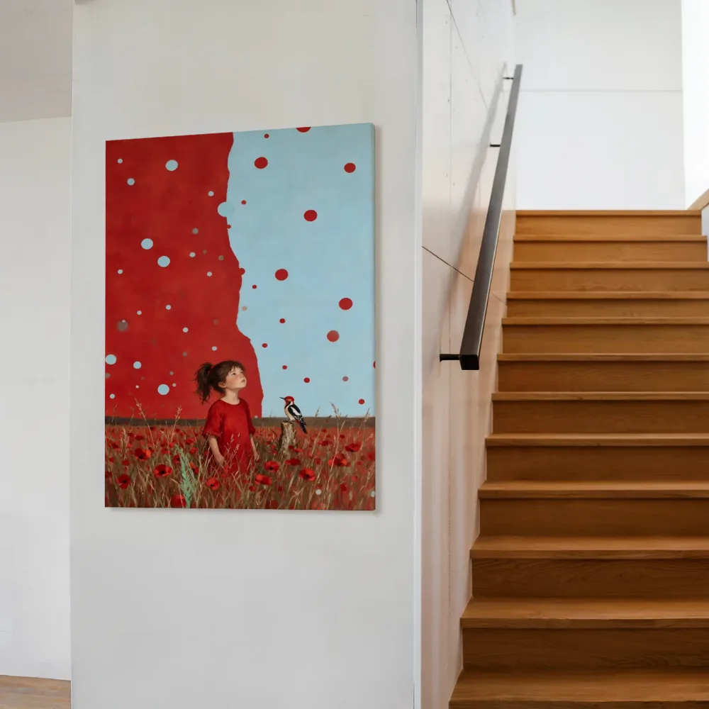 Bloemenweide in hemelblauw en klaproosrood, canvas schilderij uit de collectie rood