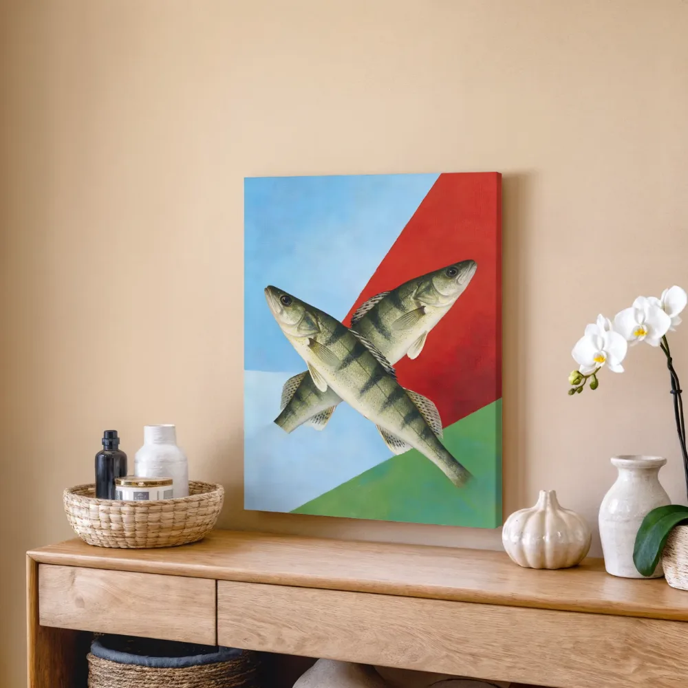Vis in hemelblauw en klaproosrood, canvas schilderij uit de collectie rood