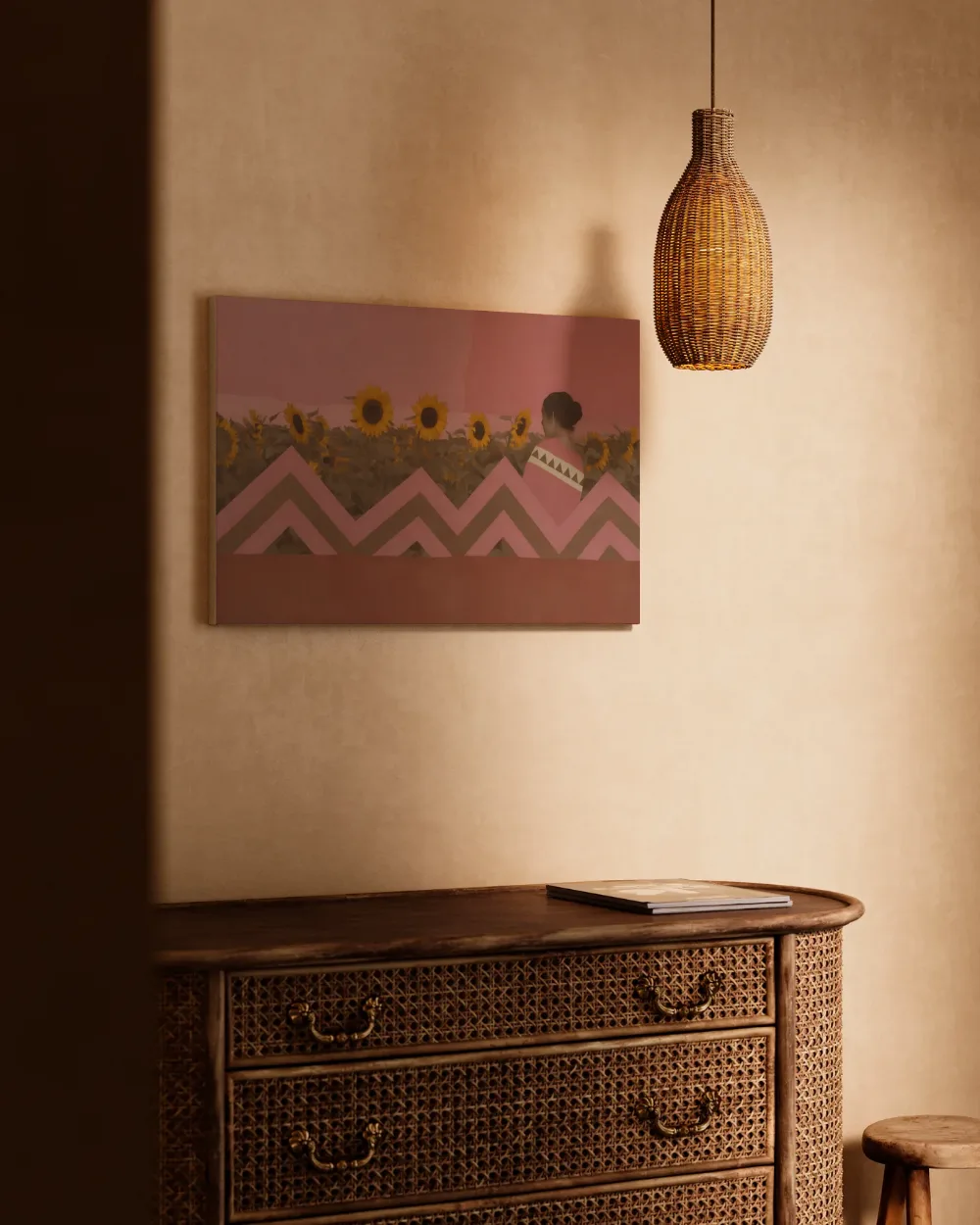 Zonnebloemenveld in poederroze en bruin, canvas schilderij uit de collectie roze
