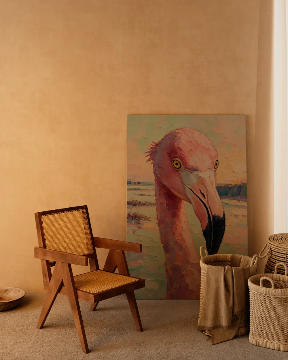 Flamingo portret tegen een muur donker in de schaduw, canvas schilderij uit de collectie roze