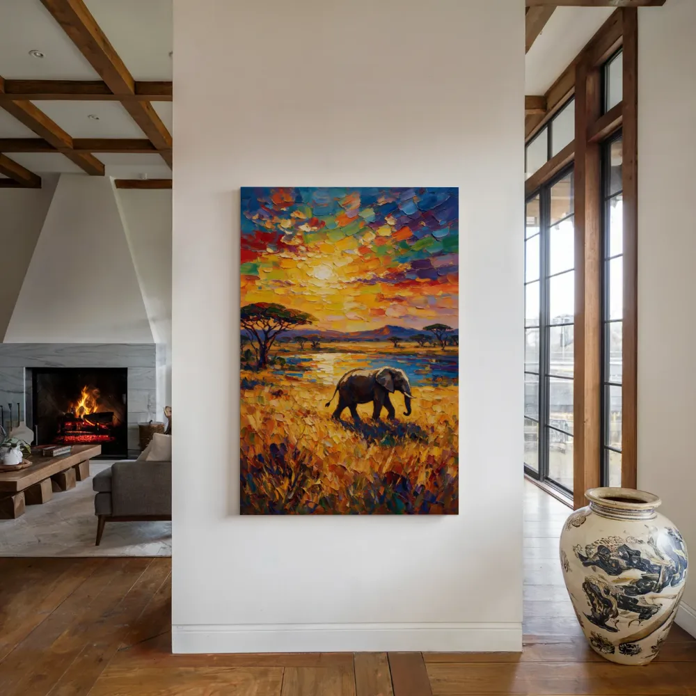 Olifant in het landschap aan het water, canvas schilderij uit de collectie safari