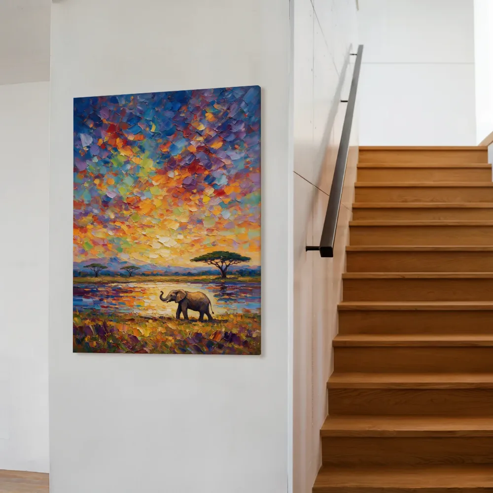 Olifant donker in het landschap aan het water, canvas schilderij uit de collectie safari