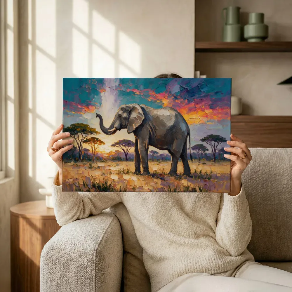 Olifant in pose tussen de bomen, canvas schilderij uit de collectie safari