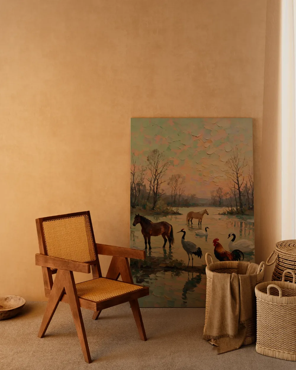 Dieren bijeen aan de waterkant in saliegroen, canvas schilderij uit de collectie saliegroen
