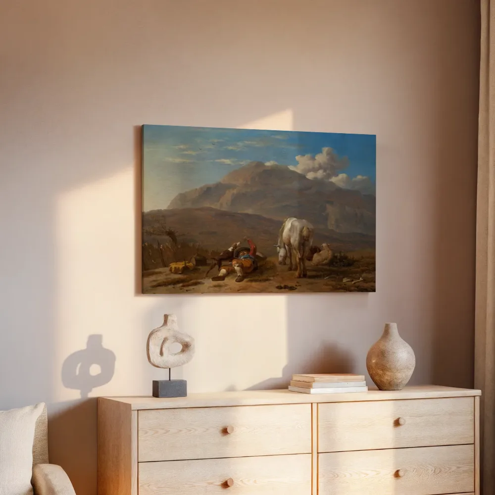 Italiaans landschap met een herdersjongen die met zijn hond speelt van Karel Dujardin, canvas schilderij uit de collectie schapen