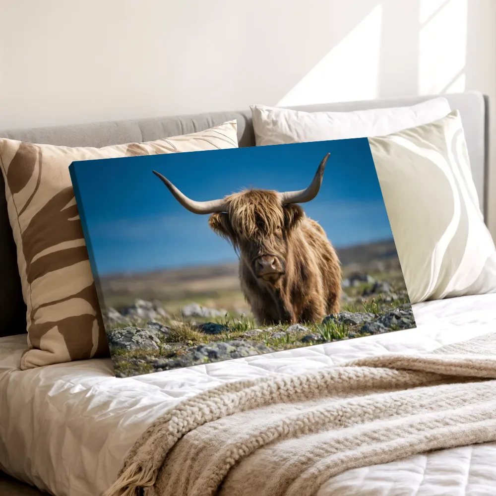Schotse Hooglander frontaal, een fris lentemoment 2, canvas schilderij uit de collectie schotse hooglanders