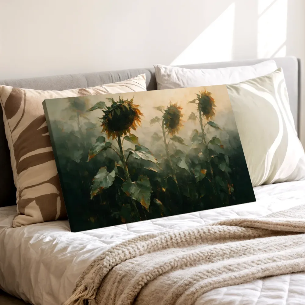 Zonnebloem van dichtbij in saliegrijs, canvas schilderij uit de collectie serene rust