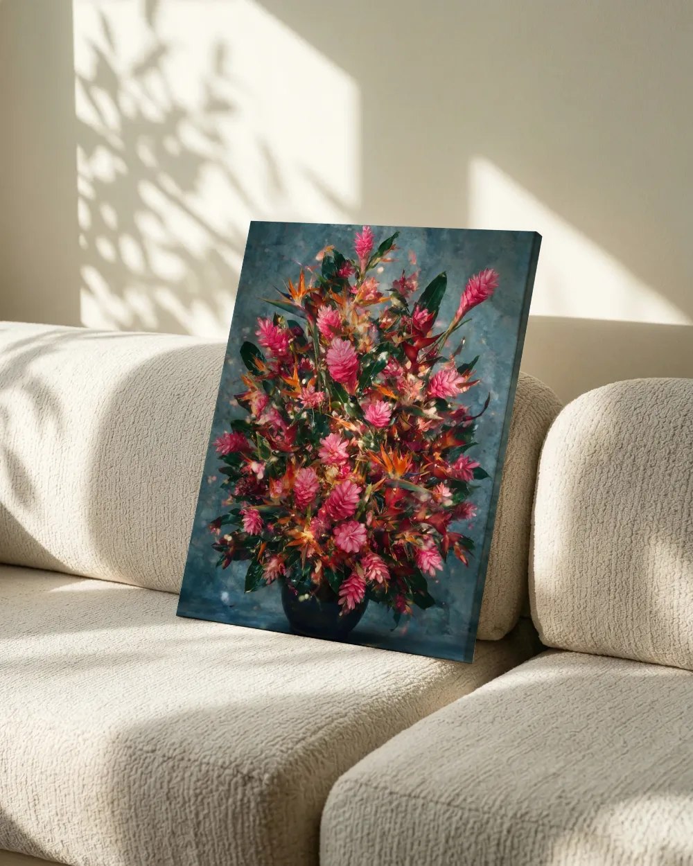 Boeket in vaas in tropische kleuren, canvas schilderij uit de collectie snijbloem