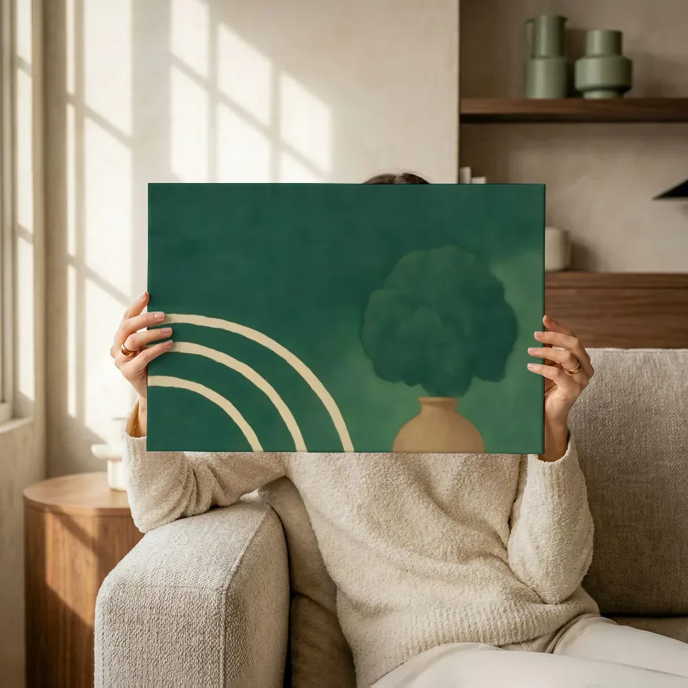 Groen boeket in een kleine vaas op denneblauw, canvas schilderij uit de collectie snijbloem