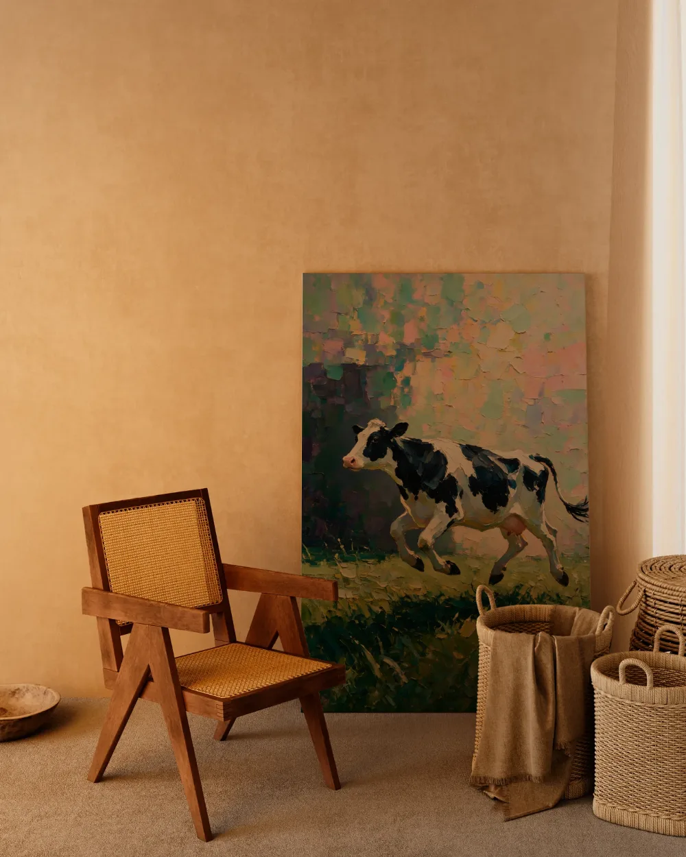 Koe in beweging tegen een muur in de schaduw, canvas schilderij uit de collectie speelse vrolijkheid
