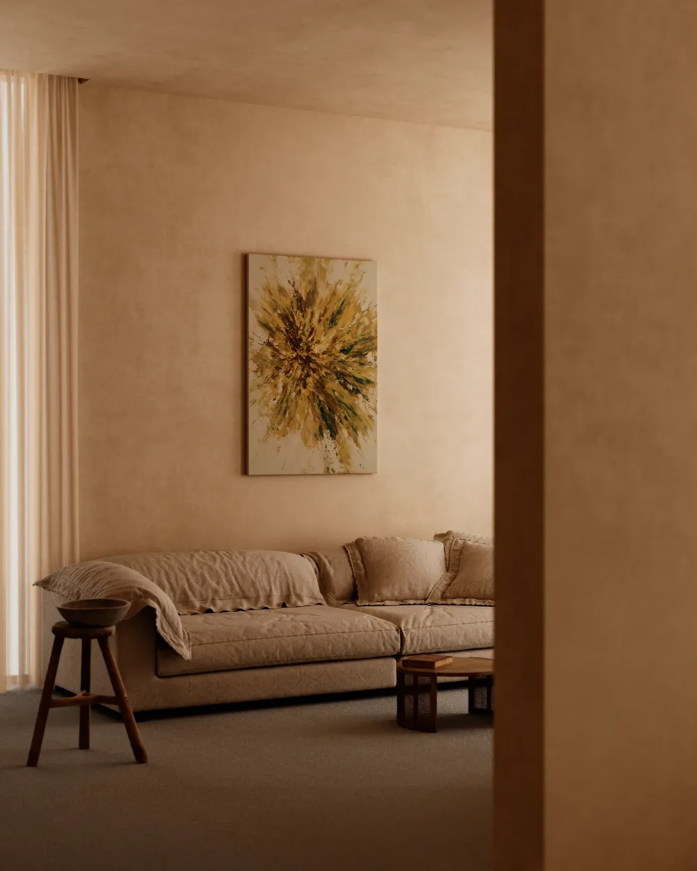 Abstracte compositie als kleurexplosie in goud, canvas schilderij uit de collectie spetter & zwaai