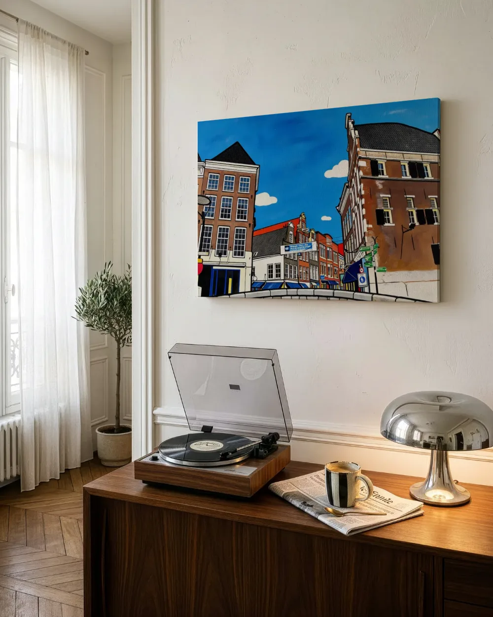Straat met bakstenen gevels in vlakke acryl, canvas schilderij uit de collectie stedelijke landschappen