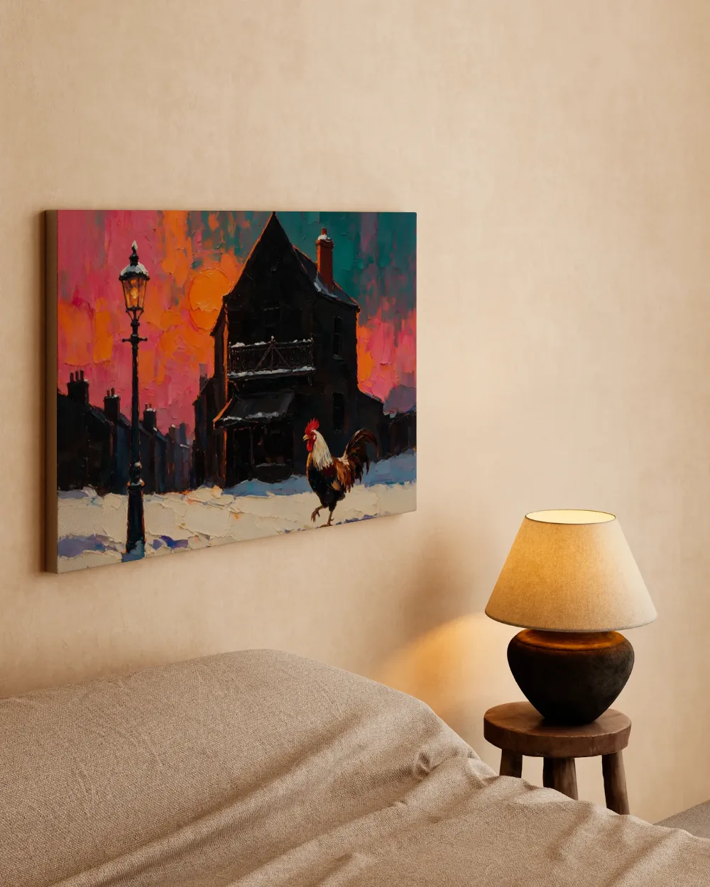 Parijse gevel in gedempt tegenlicht in de sneeuw, canvas schilderij uit de collectie stedelijke landschappen