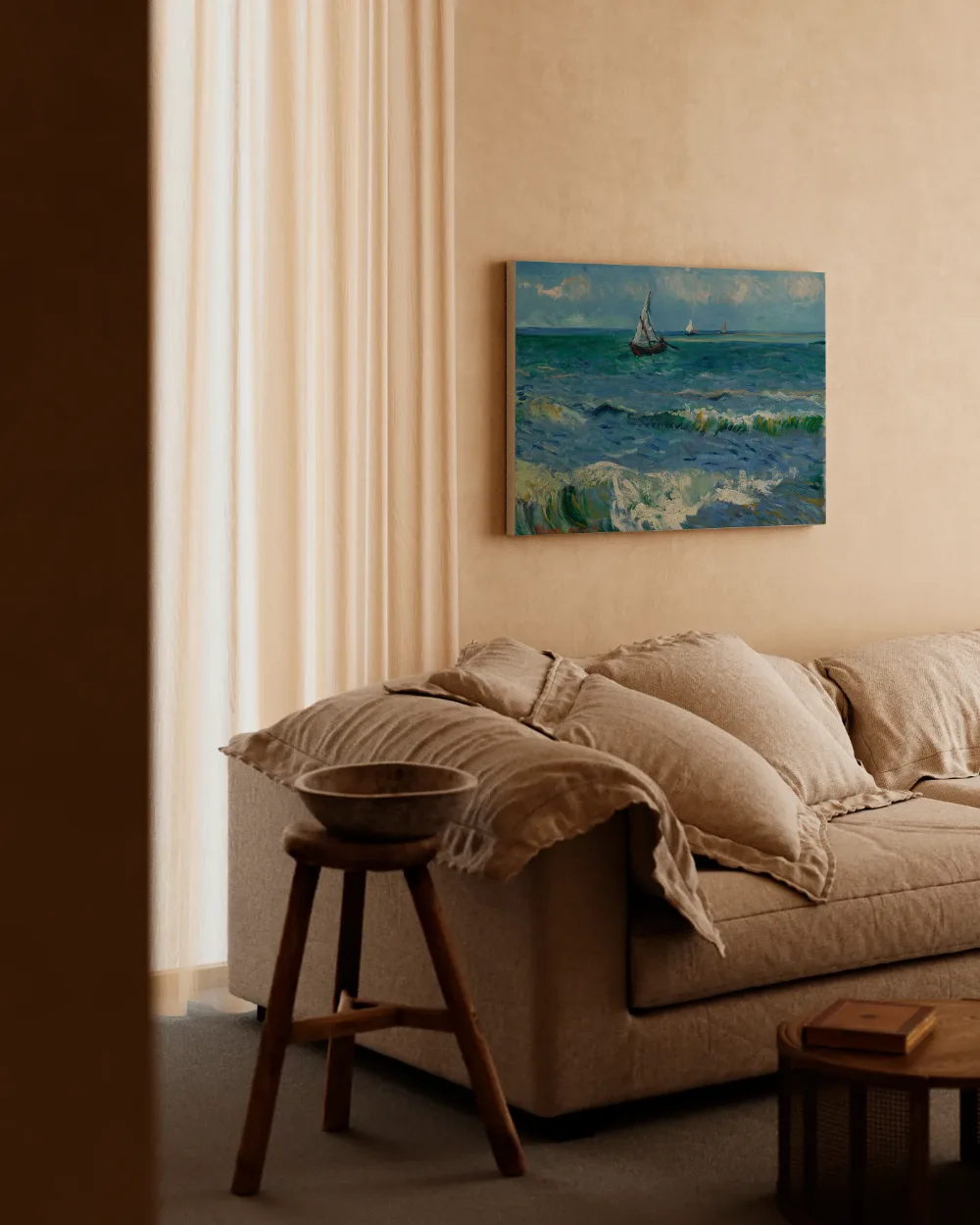 Zeegezicht bij Les Saintes-Maries-de-la-Mer van Vincent van Gogh, canvas schilderij uit de collectie strand & zee
