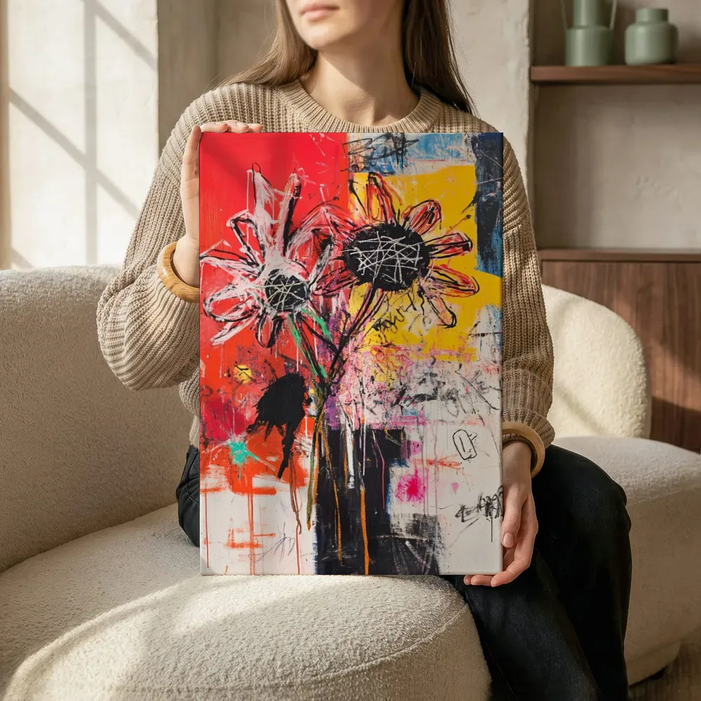 Rood-oranje dahlia's op felle achtergrond, canvas schilderij uit de collectie street art