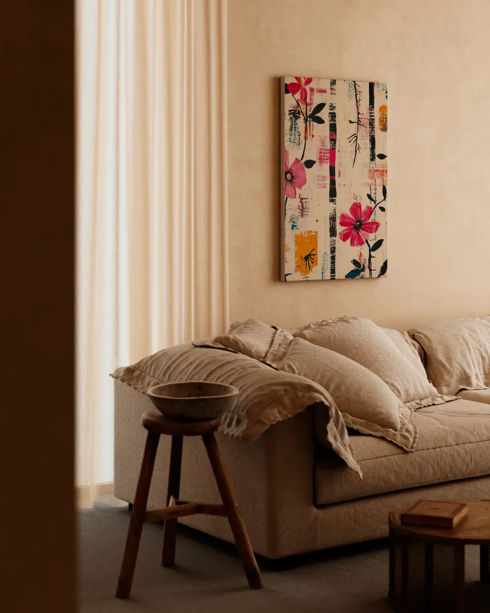 Kleine bloemen op zwarte streep, canvas schilderij uit de collectie street art bloemen