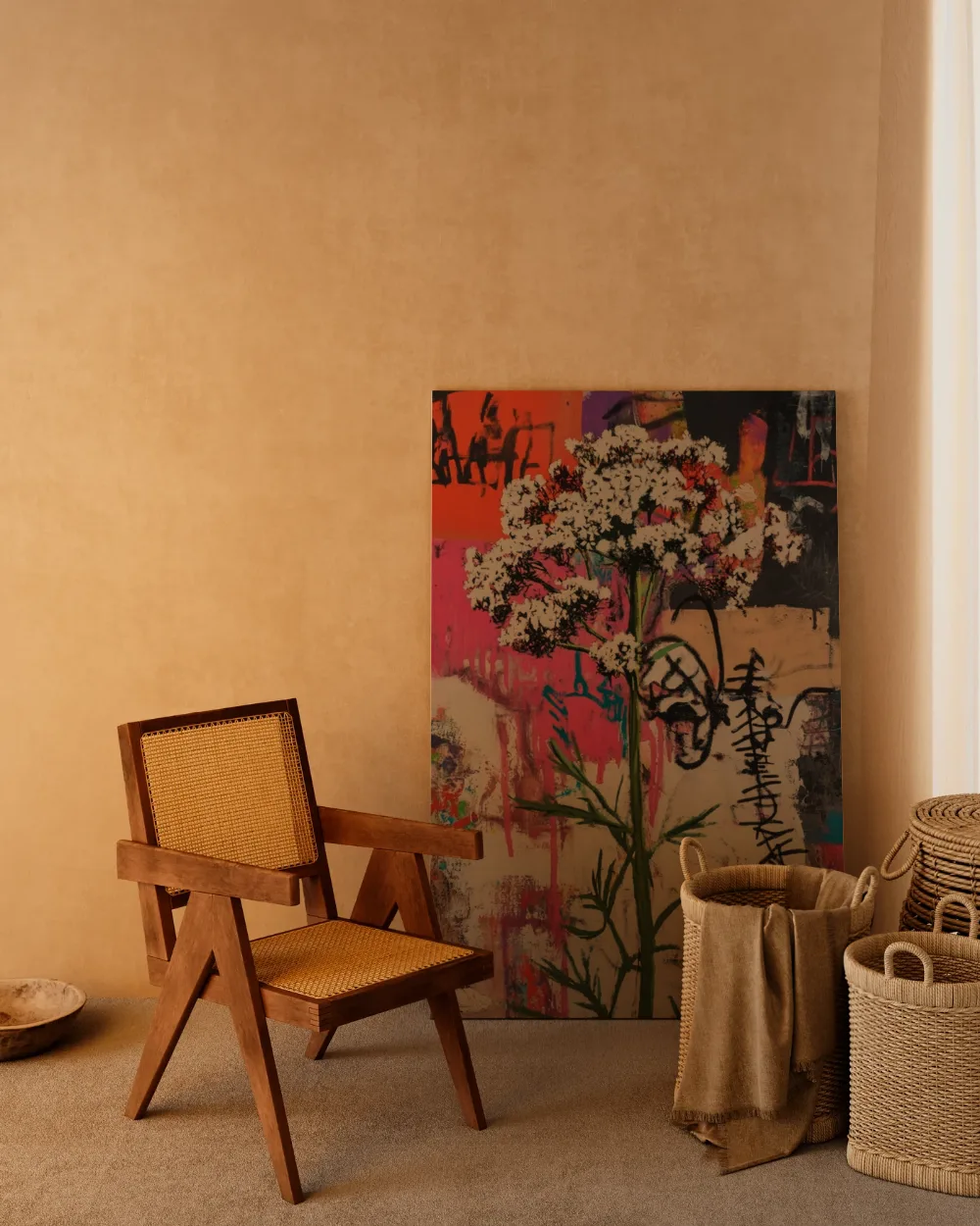 Witte kantbloemen, canvas schilderij uit de collectie street art bloemen