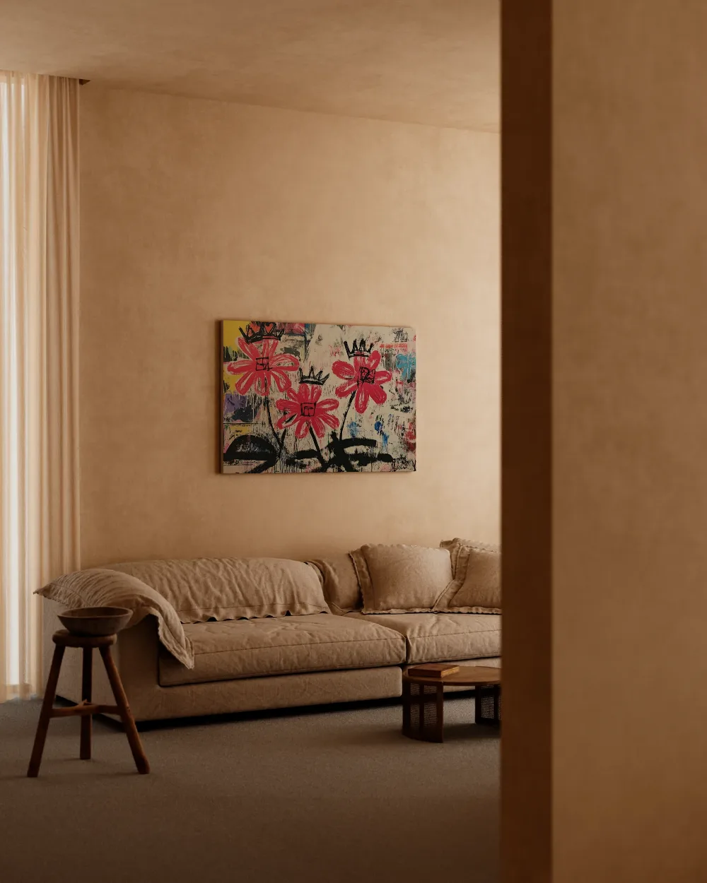 Roze bloemen met kleine kronen, canvas schilderij uit de collectie street art bloemen