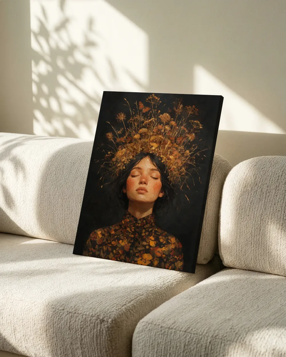 Vrouw met veldbloemen, olieverf in saffraan en roest, canvas schilderij uit de collectie surrealisme