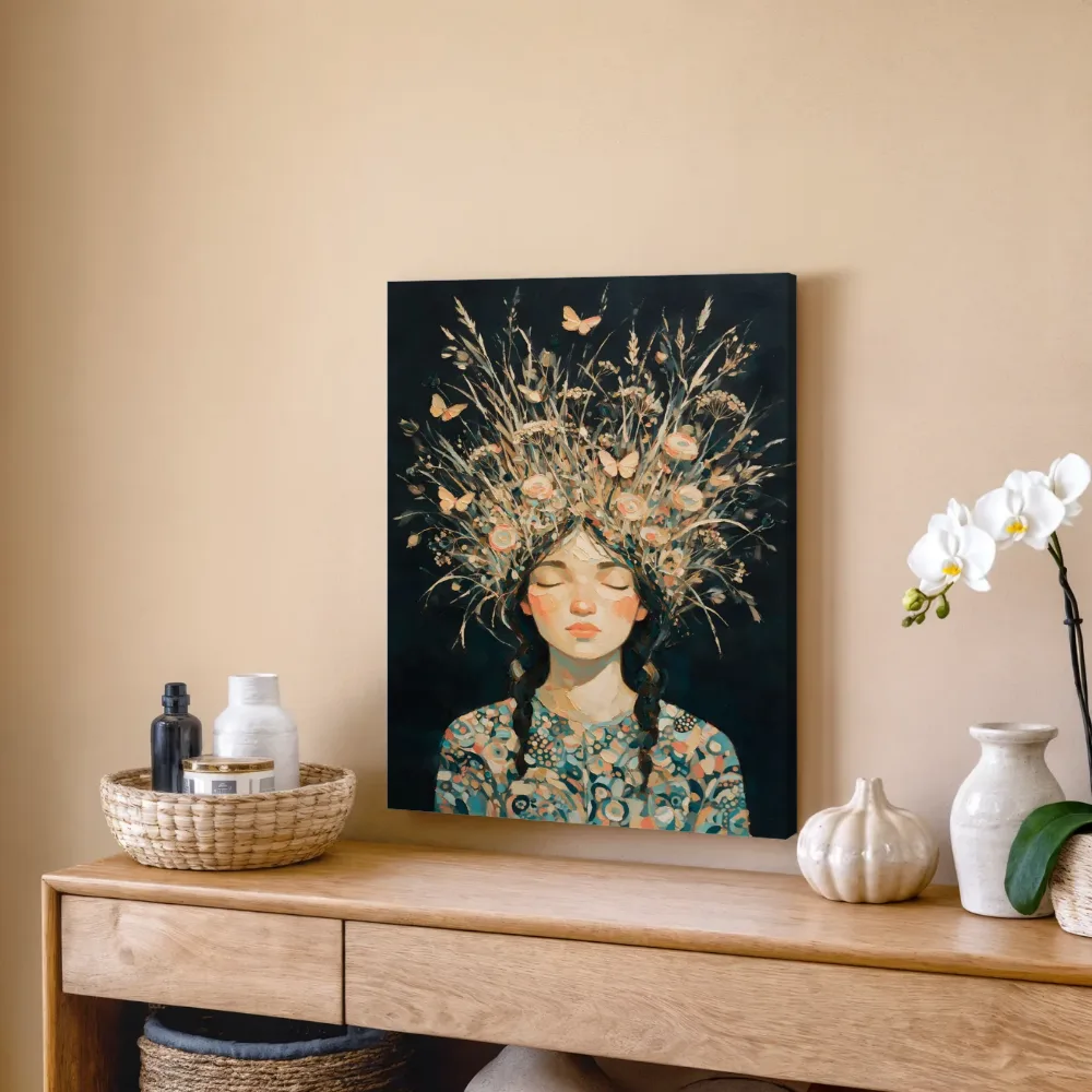 Vrouw met veldbloemen, olieverf in turkoois en zand, canvas schilderij uit de collectie surrealisme