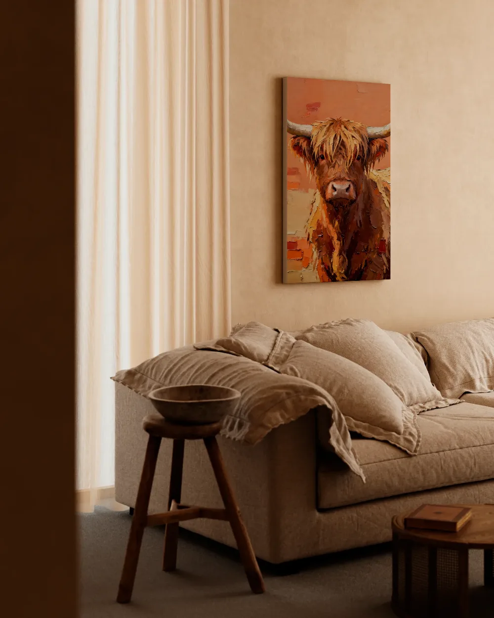 Hooglander in terracotta met oranje, canvas schilderij uit de collectie terracotta