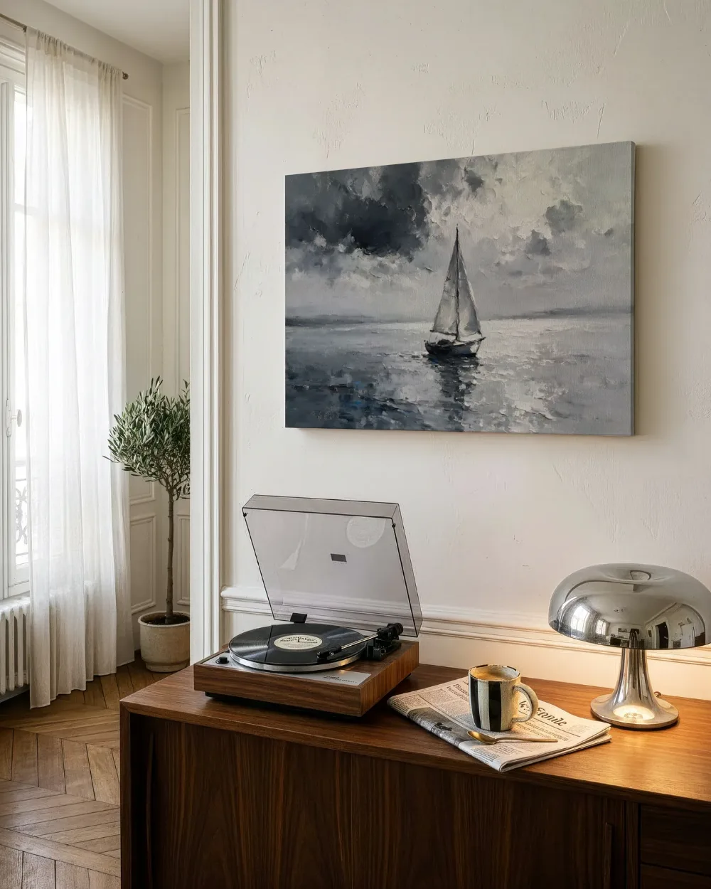 Zeilboot met oplossende randen in zilver, canvas schilderij uit de collectie transport