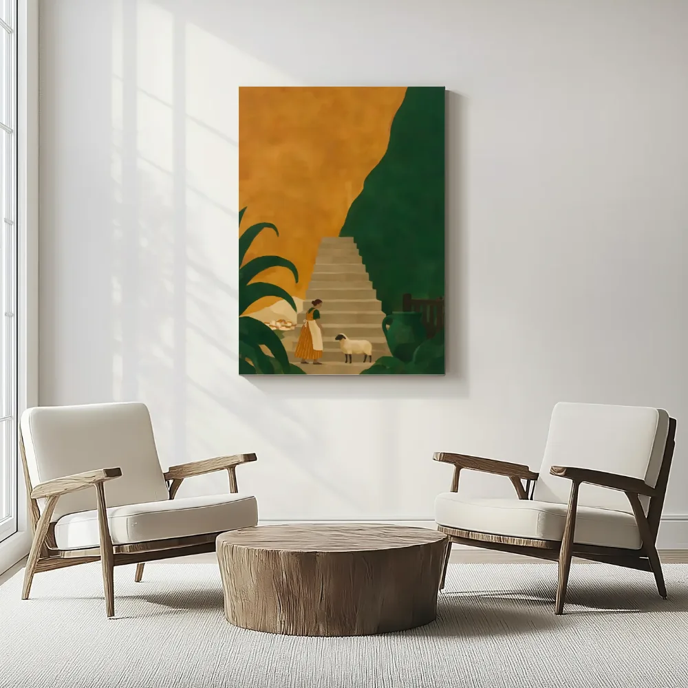 Trap in amber en flessengroen, canvas schilderij uit de collectie trappen