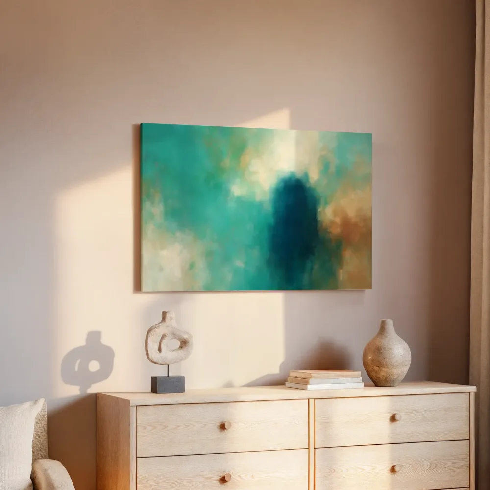 Abstracte compositie in zachte kleurvelden, turquoise, canvas schilderij uit de collectie turquoise
