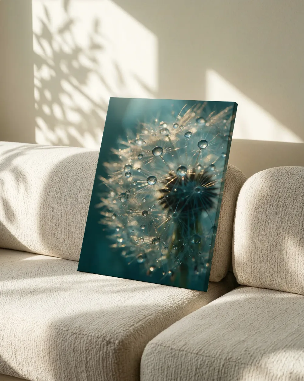 Paardenbloem in dauw, gouden gloed, ijsblauw 2, canvas schilderij uit de collectie turquoise