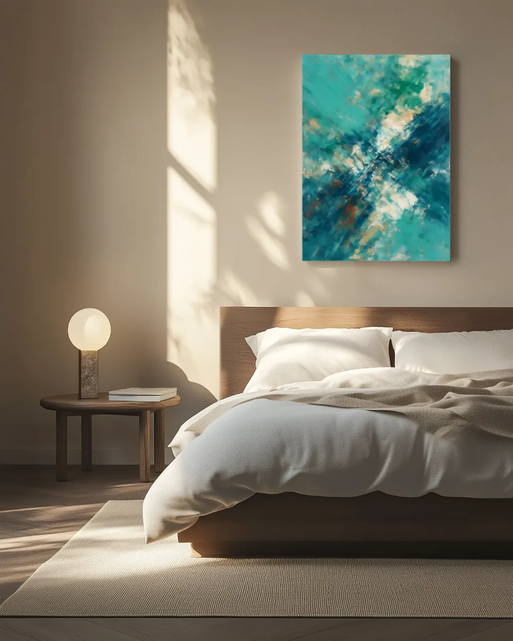 Abstracte compositie in dunne laagjes, turquoise, canvas schilderij uit de collectie turquoise