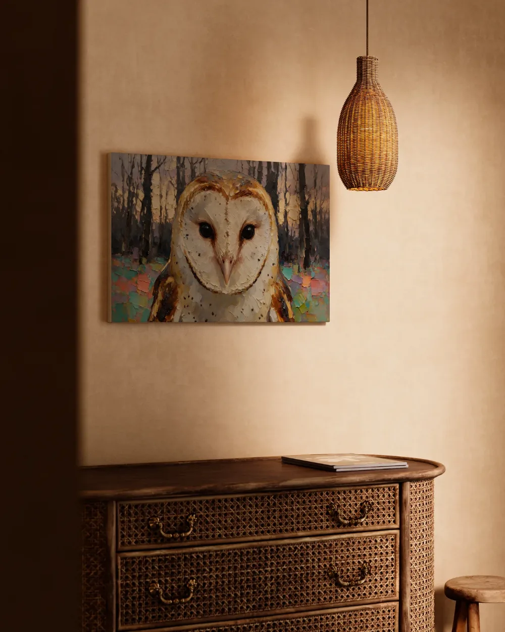 Uil portret tussen de bomen in donker oranje, canvas schilderij uit de collectie uilen