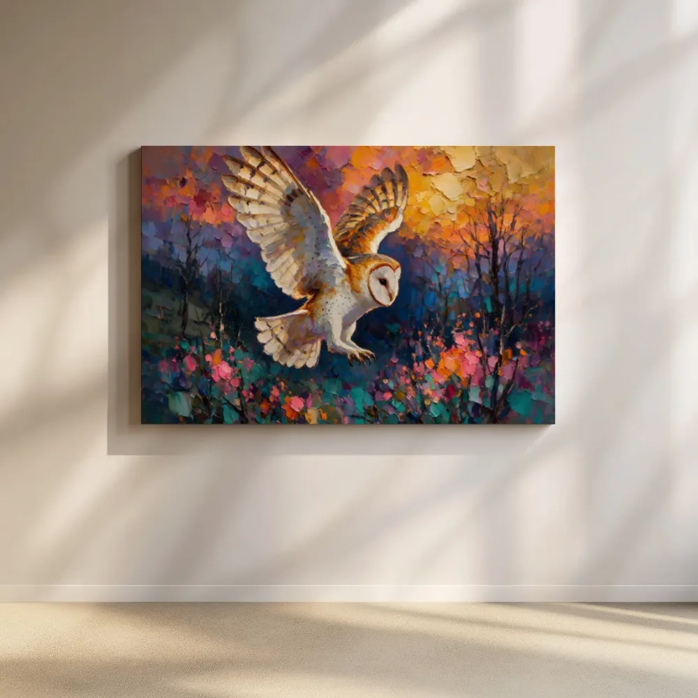 Uil in donkere beweging in een bloementuin, canvas schilderij uit de collectie uilen