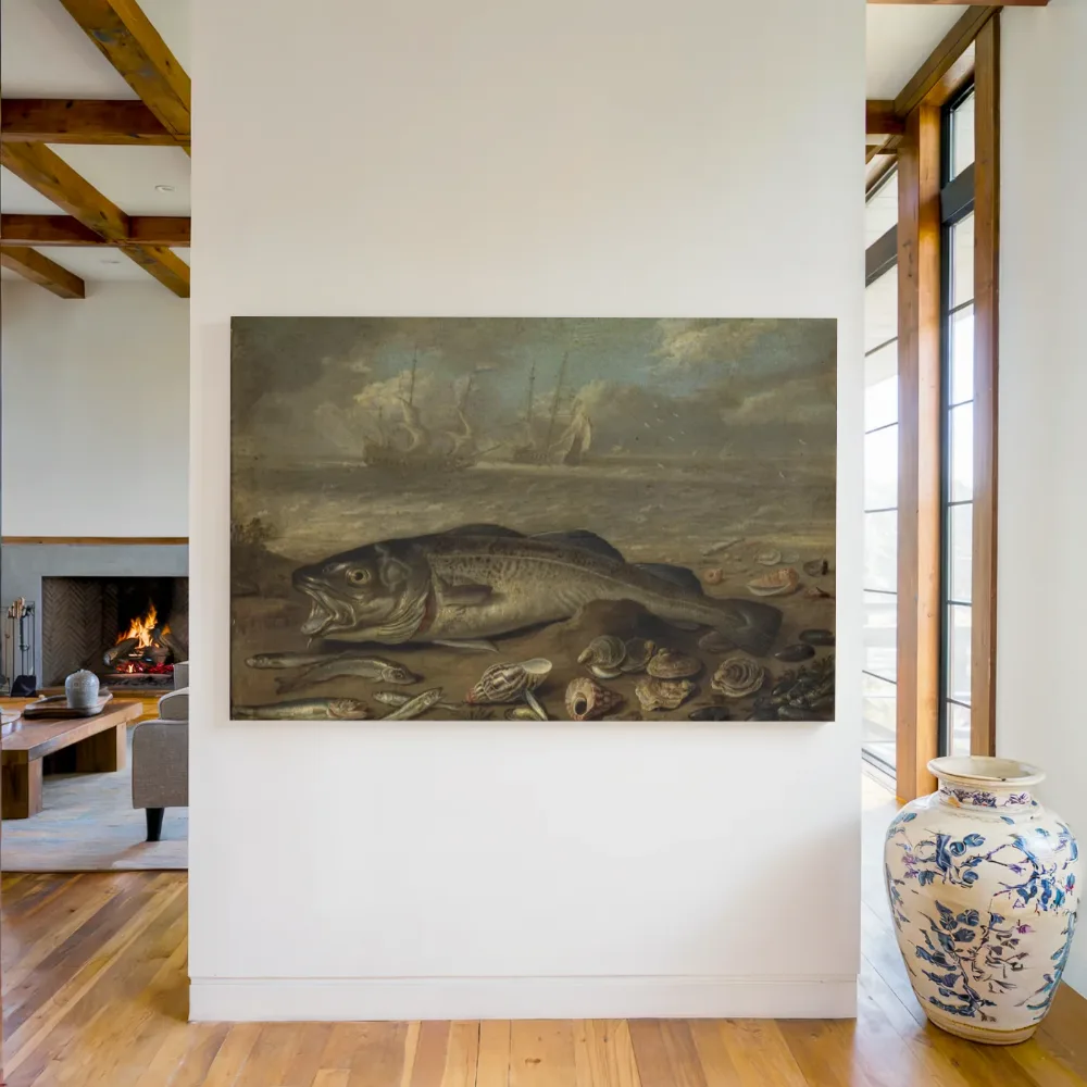 Strand met vissen en schelpen; in de achtergrond twee zeilschepen van Jan van Kessel the Elder, canvas schilderij uit de collectie vissen
