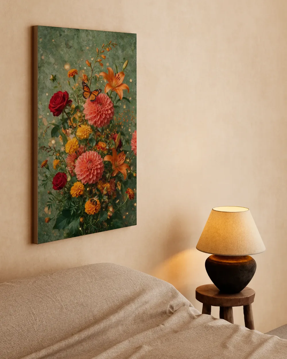 Vlinder en bij in warme tinten, canvas schilderij uit de collectie vlinders