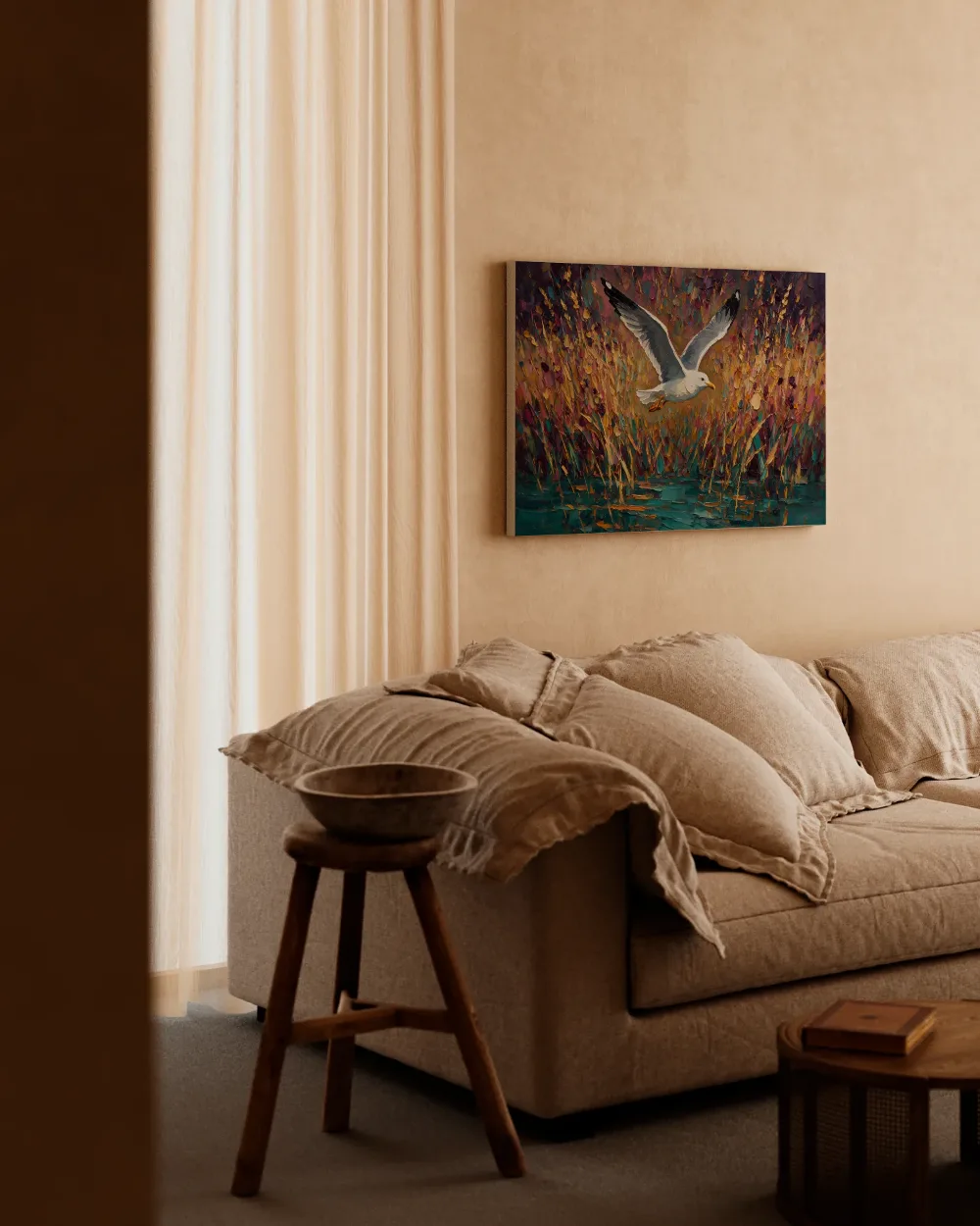 Meeuw boven het water, canvas schilderij uit de collectie vogels