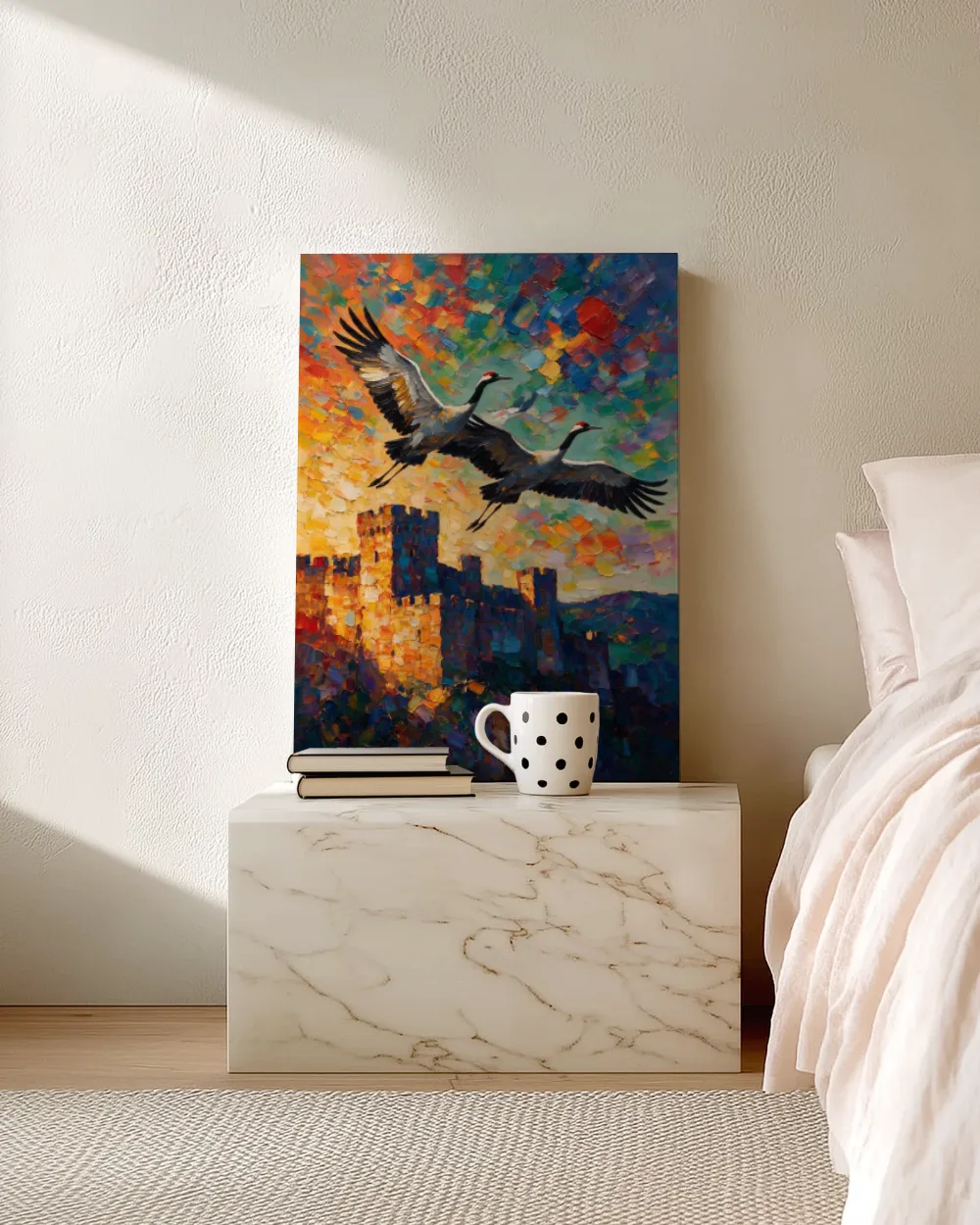 Kraanvogels diep in de lucht, canvas schilderij uit de collectie vogels