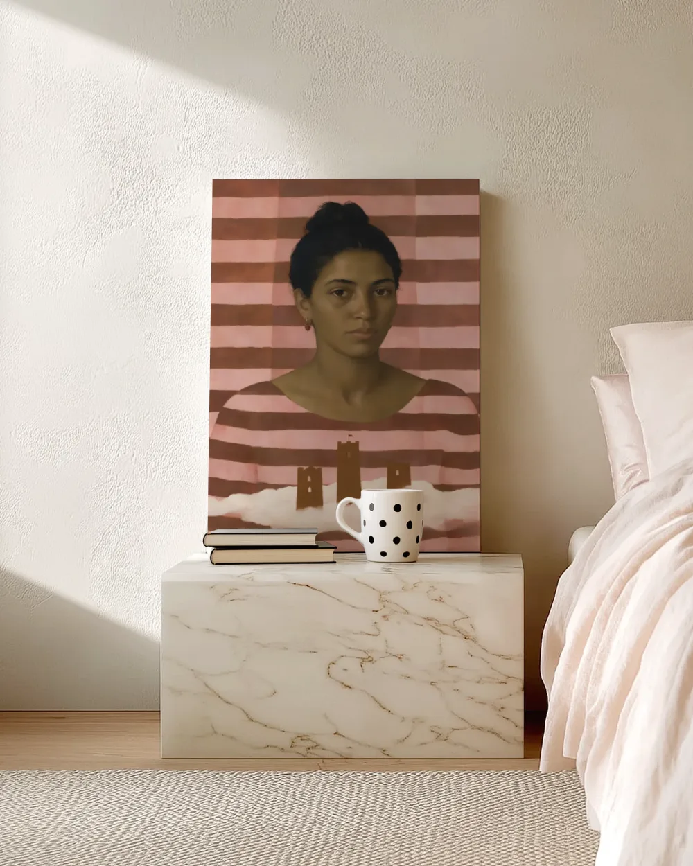 Vrouwenportret in poederroze en bruin, canvas schilderij uit de collectie vrouwen