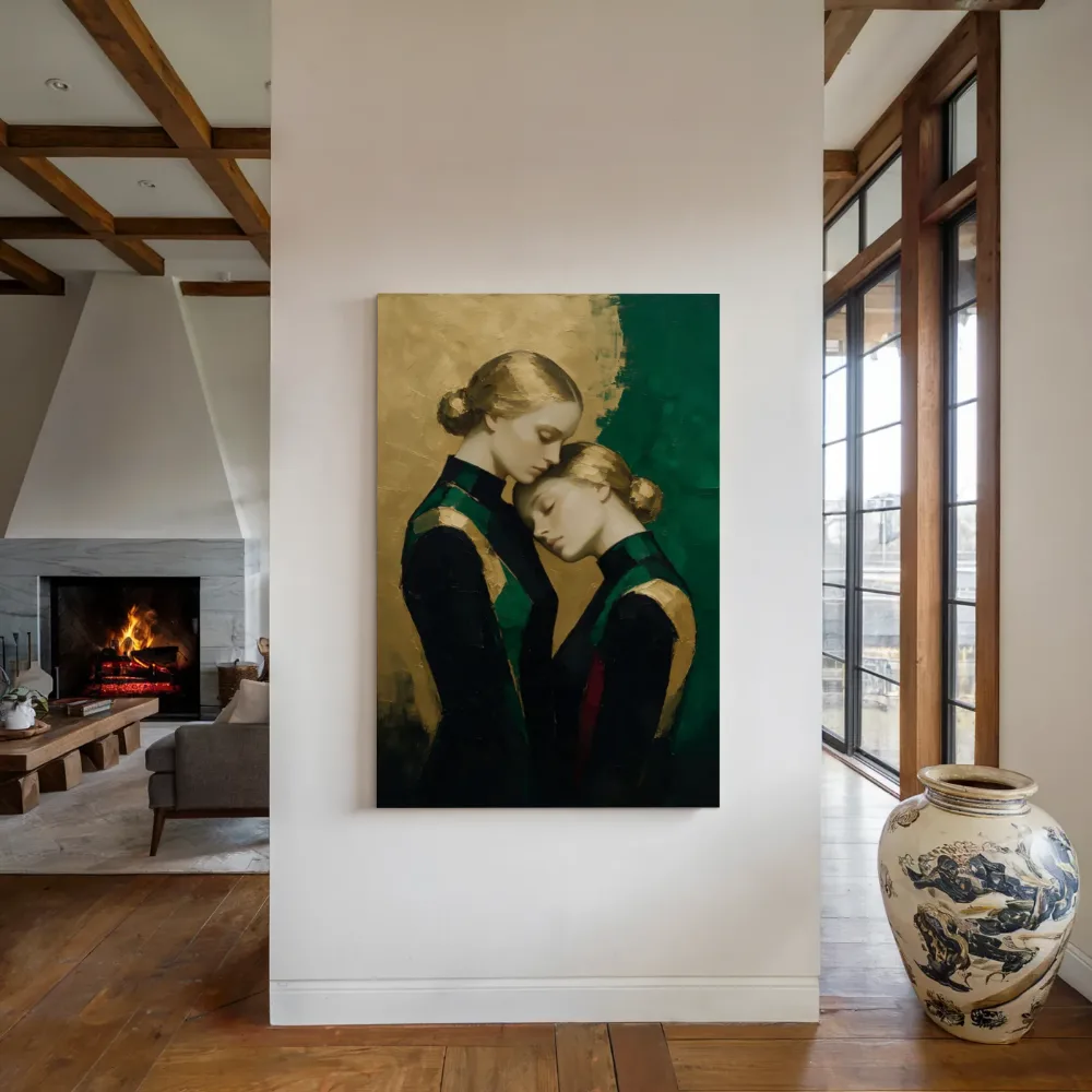 Twee vrouwen, olieverf in smaragd en zwart, canvas schilderij uit de collectie vrouwen