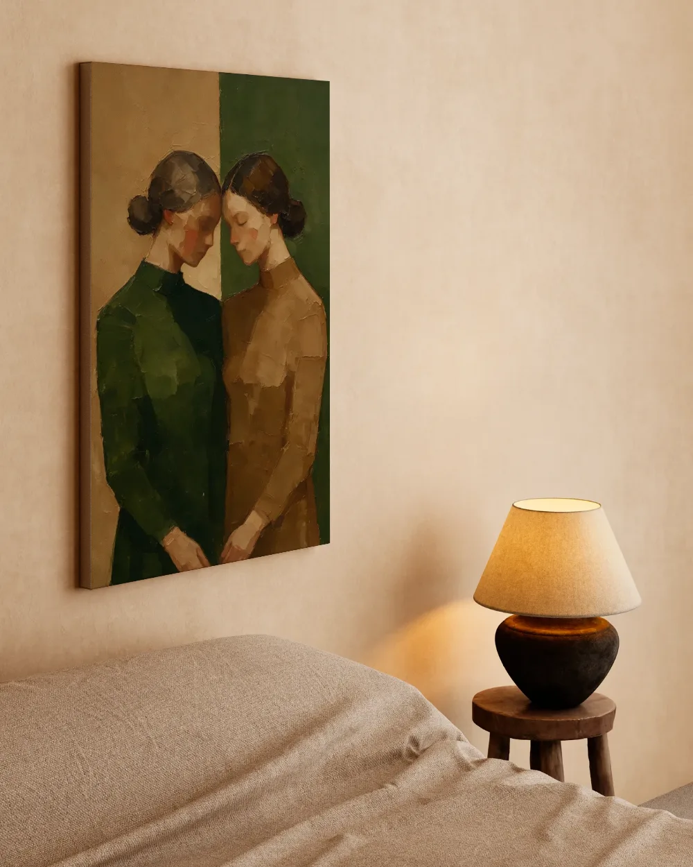 Twee vrouwen, olieverf in aardetinten, canvas schilderij uit de collectie vrouwen